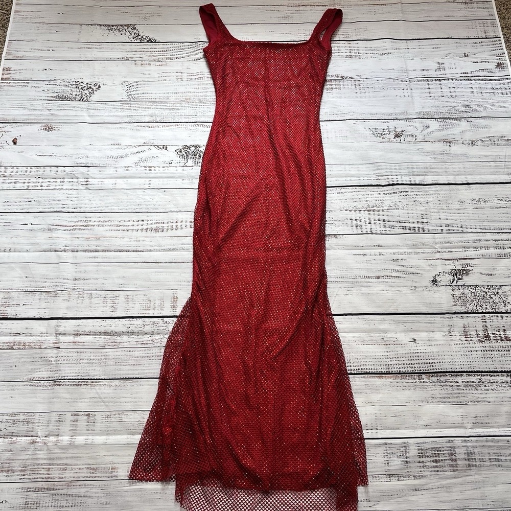 VTG 90s Y2K Women's M Red Sparkle Mesh Overlay Grunge Low Back Dress